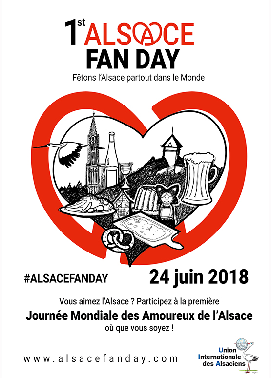 Affiche officielle de l’Alsace Fan Day 2018 : un grand cœur rouge rempli des monuments de l’Alsace
