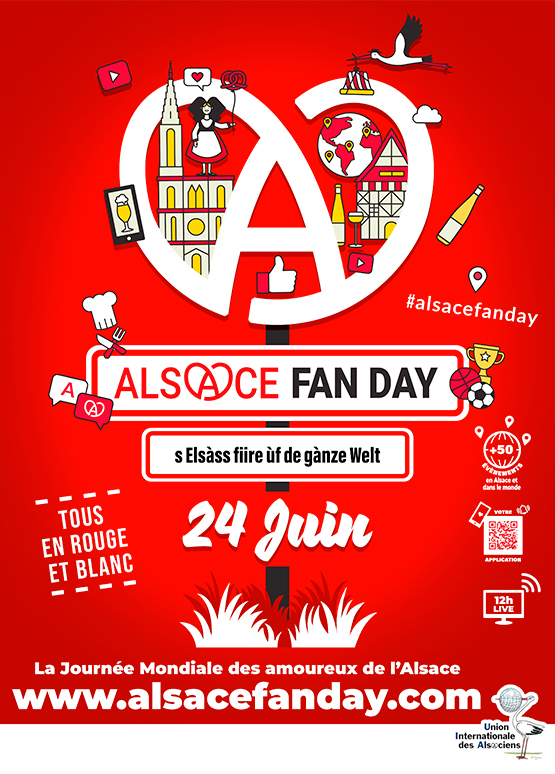 Affiche officielle de l’Alsace Fan Day 2023 : le cœur-A, la cigogne et les icônes de l’Alsace